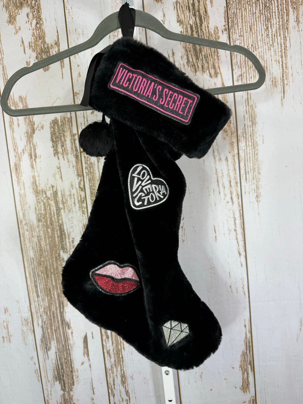Victoria's Secret, Black Fuzzy Fluffy Christmas Stocking. Excellent condition!